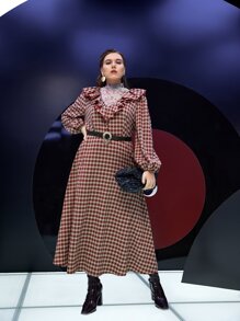 Mulvari Plus Mock Neck Floral & Gingham Print Ruffle Trim Dress Without Belt - Multicolor - View 4