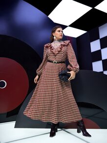 Mulvari Plus Mock Neck Floral & Gingham Print Ruffle Trim Dress Without Belt - Multicolor - View 6