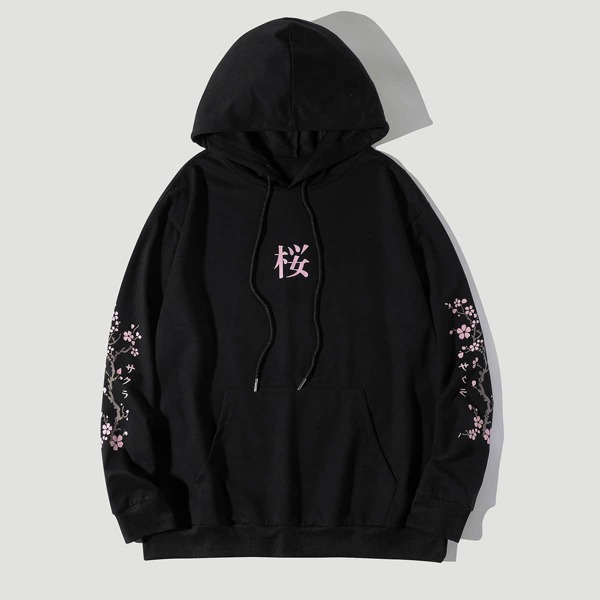

Men Japanese Letter Graphic & Floral Print Drawstring Hoodie, Black