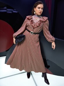 Mulvari Plus Mock Neck Floral & Gingham Print Ruffle Trim Dress Without Belt - Multicolor - View 8