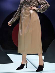 Modelyn Plus PU Leather Straight Skirt - Khaki - View 2