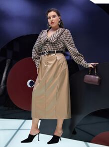 Modelyn Plus PU Leather Straight Skirt - Khaki - View 1