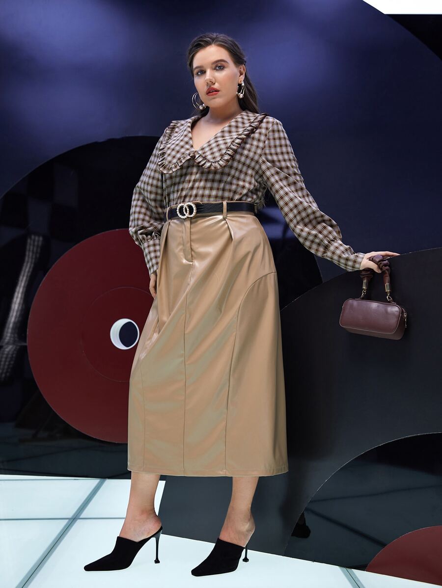 Modelyn Plus PU Leather Straight Skirt - Khaki - View 1