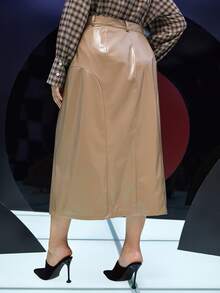 Modelyn Plus PU Leather Straight Skirt - Khaki - View 4