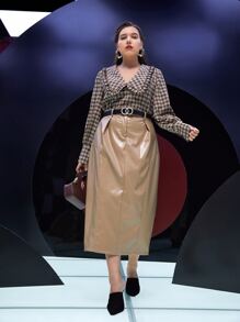 Modelyn Plus PU Leather Straight Skirt - Khaki - View 6