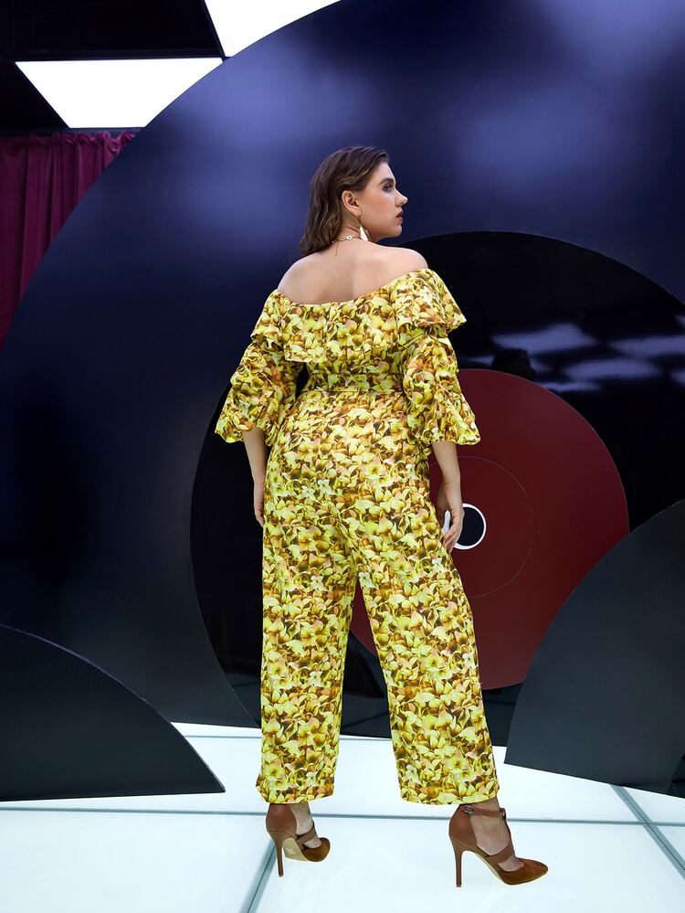 SHEIN Unity Plus Off Shoulder Floral Print Ruffle Trim Lantern Sleeve Jumpsuit - Multicolor - View 3