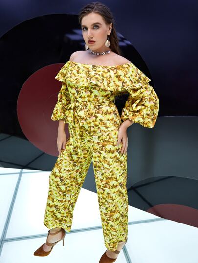 SHEIN Unity Plus Off Shoulder Floral Print Ruffle Trim Lantern Sleeve Jumpsuit