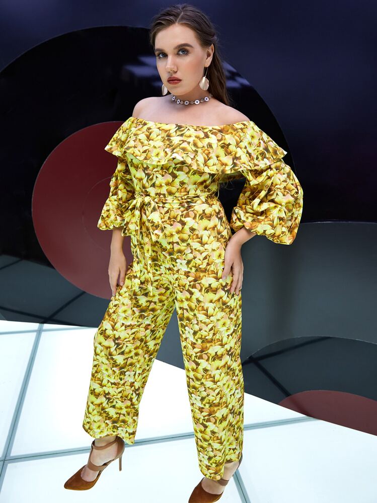SHEIN Unity Plus Off Shoulder Floral Print Ruffle Trim Lantern Sleeve Jumpsuit - Multicolor - View 1