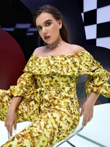 SHEIN Unity Plus Off Shoulder Floral Print Ruffle Trim Lantern Sleeve Jumpsuit