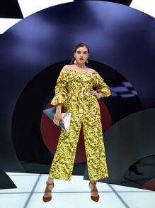 SHEIN Unity Plus Off Shoulder Floral Print Ruffle Trim Lantern Sleeve Jumpsuit