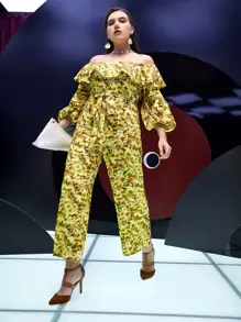 SHEIN Unity Plus Off Shoulder Floral Print Ruffle Trim Lantern Sleeve Jumpsuit