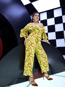 SHEIN Unity Plus Off Shoulder Floral Print Ruffle Trim Lantern Sleeve Jumpsuit