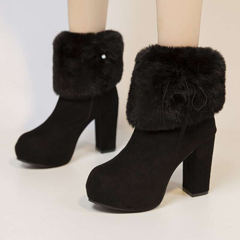 

Fluffy Chunky Heels Boots, Black