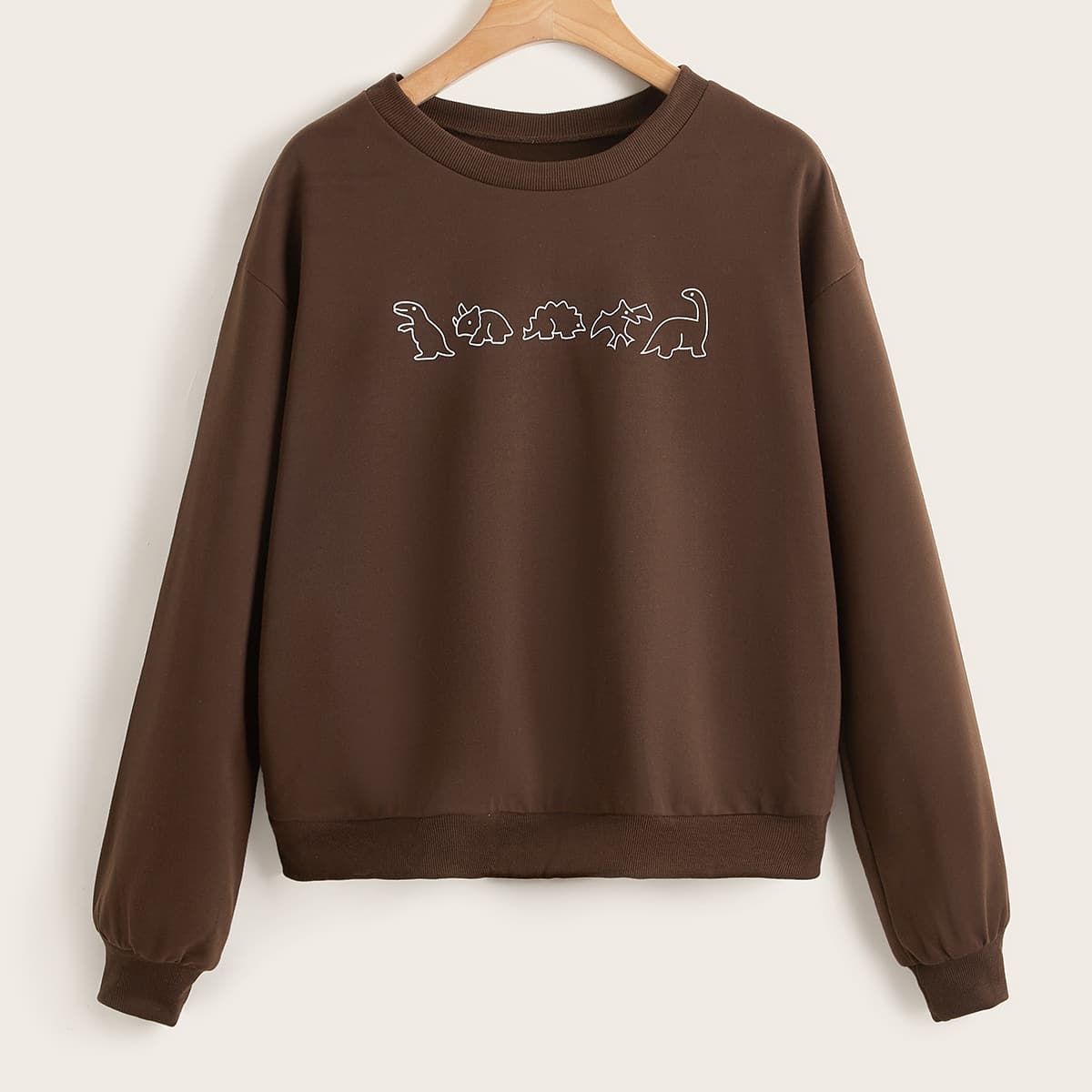 

Cartoon Dinosaur Graphic Sweatshirt, Coffee brown