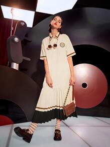 Mulvari Patched Detail Colour Block Pleated Hem Dress - Apricot - View 1