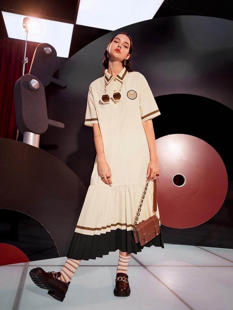 Mulvari Vestido con diseño de parche de color combinado bajo fruncido - Albaricoque - Añade 1