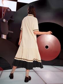 Mulvari Patched Detail Colour Block Pleated Hem Dress - Apricot - View 2