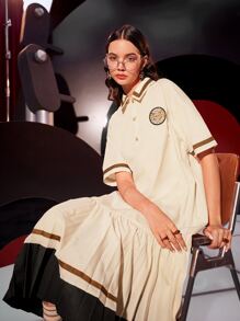 Mulvari Patched Detail Colour Block Pleated Hem Dress - Apricot - View 3