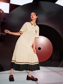 Mulvari Patched Detail Colour Block Pleated Hem Dress - Apricot - View 4