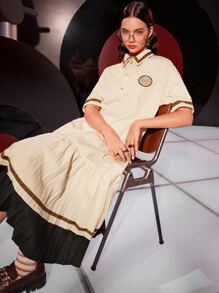 Mulvari Patched Detail Colour Block Pleated Hem Dress - Apricot - View 5