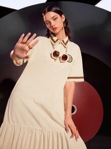 Mulvari Patched Detail Colour Block Pleated Hem Dress - Apricot - View 6