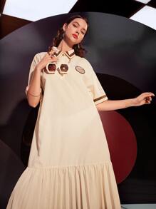 Mulvari Patched Detail Colour Block Pleated Hem Dress - Apricot - View 7