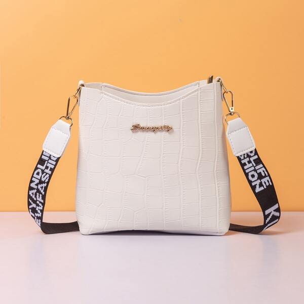 

Letter Graphic Croc Embossed Crossbody Bag, White
