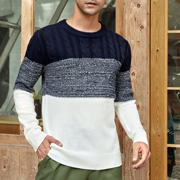 

Men Color Block Cable Knit Sweater, Multicolor