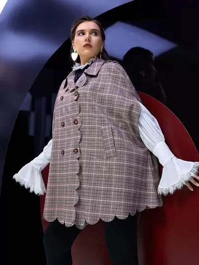 SHEIN Plus Tartan Cloak Sleeve Scallop Trim Double Breasted Trench Coat Without Blouse