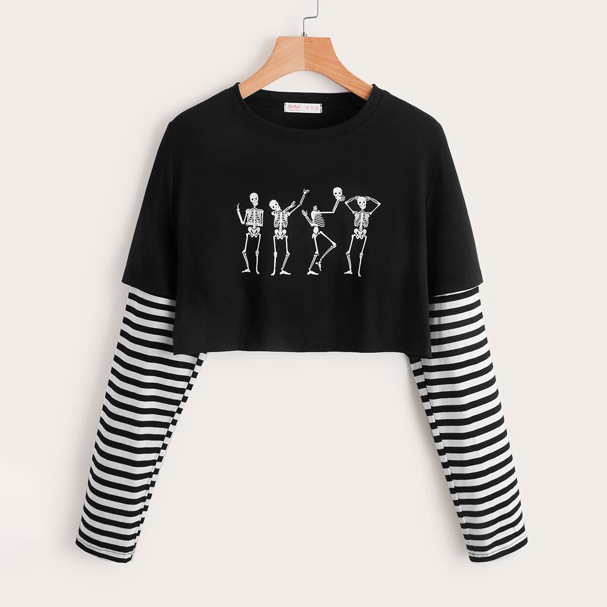 

Skeleton Print & Striped Tee, Black