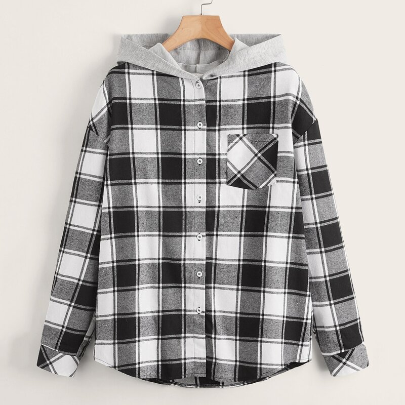 

Plaid Button Front Pocket Hooded Blouse, Black and white