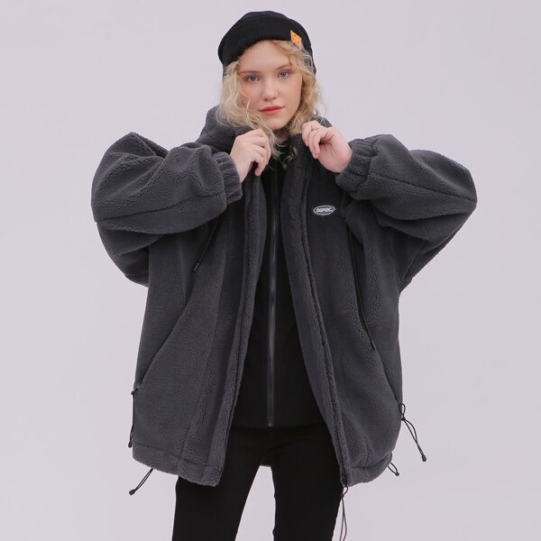 

Raglan Sleeve Zipper Up Drawstring Hooded Teddy Coat, Dark grey