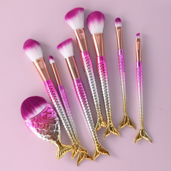 

8pcs Fish Tail Handle Design Makeup Brush Set, Hot pink
