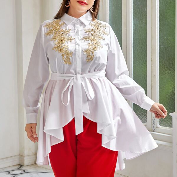 

Plus Pearls Flower Embroidered Applique High Low Belted Blouse, White