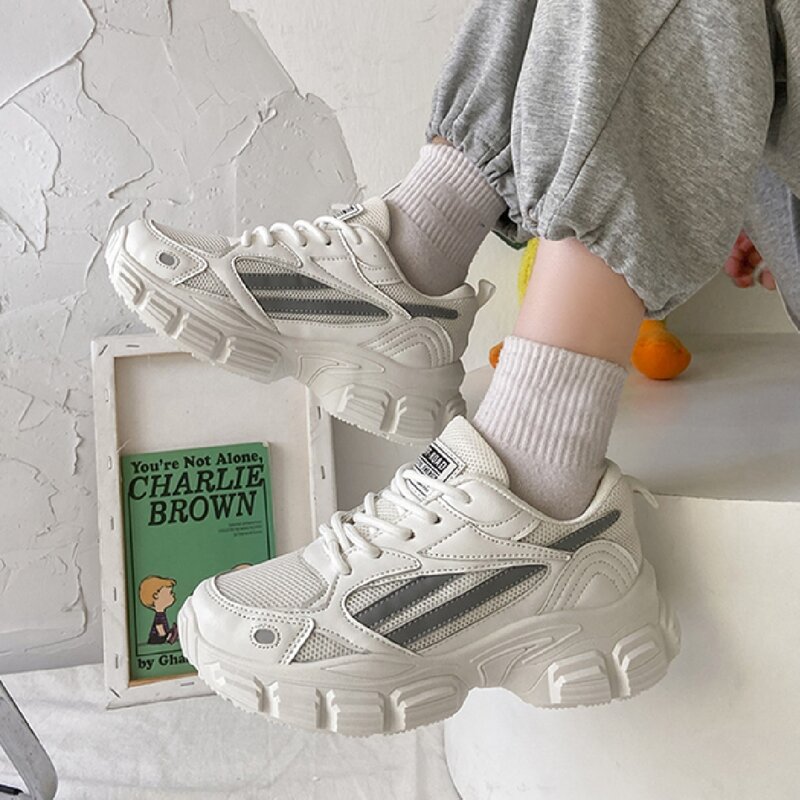 

Lace-up Front Mesh Panel Chunky Sneakers, Beige