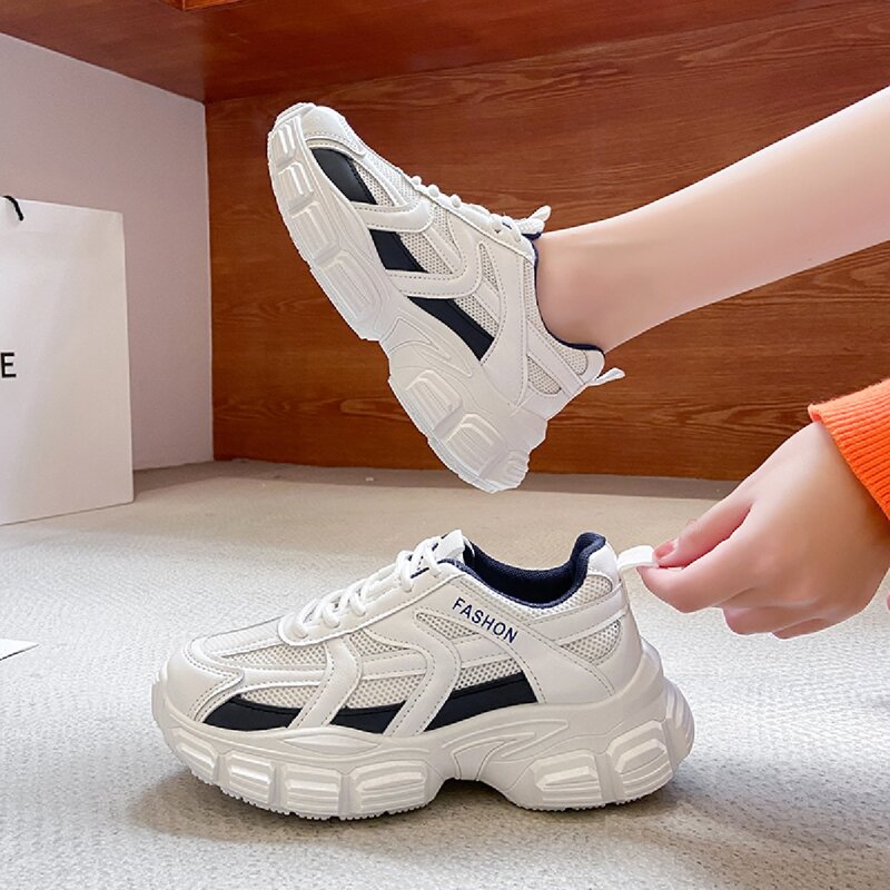 

Lace-up Front Mesh Panel Chunky Sneakers, White