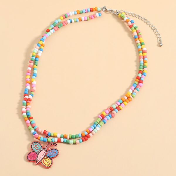 

Butterfly Charm Beaded Layered Necklace, Multicolor