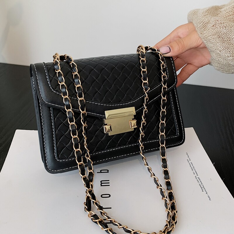 

Metal Lock Quilted Flap Chain Bag, Black