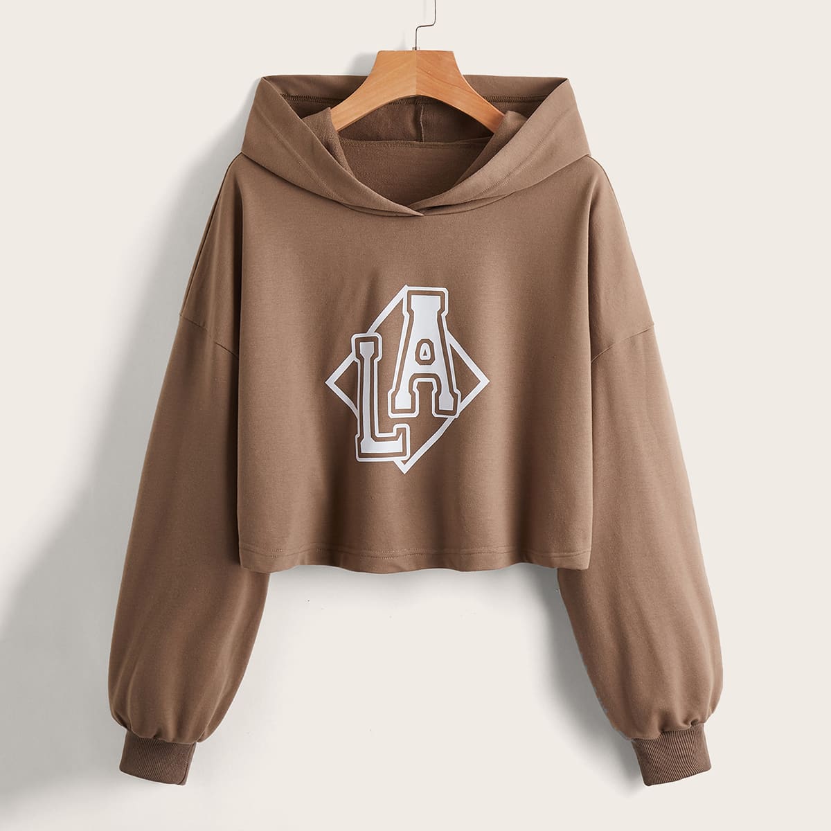 

Letter Drop Shoulder Crop Hoodie, Khaki