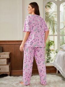 Plus Allover Plants Print Pajama Set With Eyemask - Pink - View 2