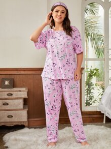 Plus Allover Plants Print Pajama Set With Eyemask - Pink - View 3