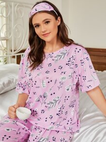 Plus Allover Plants Print Pajama Set With Eyemask - Pink - View 4
