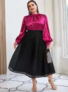 Modelyn 大碼高腰水溶蕾絲拼接喇叭半身裙 - 黑色 - 查看 2