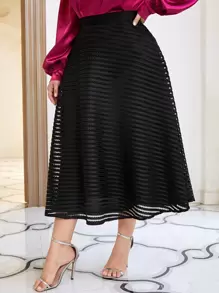 Modelyn 大碼高腰水溶蕾絲拼接喇叭半身裙 - 黑色 - 查看 5