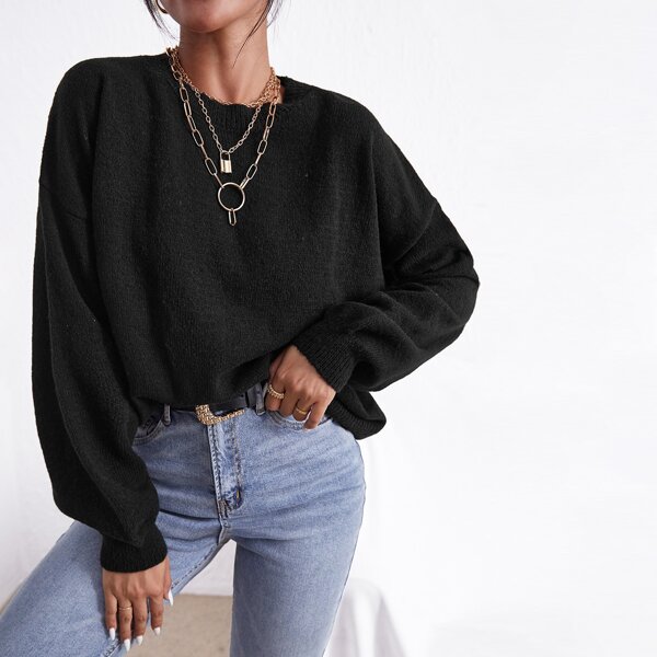 

Solid Bishop Sleeve Drop Shoulder Sweater, Black