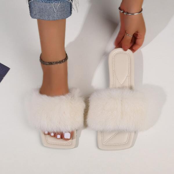 

Fluffy Design Slide Sandals, Beige