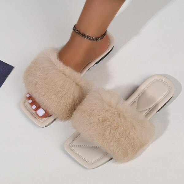 

Fluffy Design Slide Sandals, Khaki