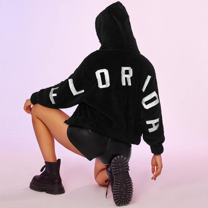 

Letter Graphic Zip Front Hooded Teddy Jacket, Black