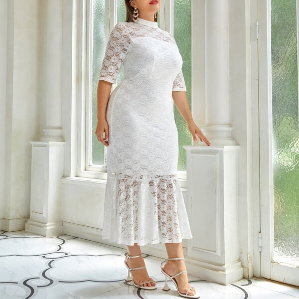 

Plus Mock Neck Ruffle Hem Lace Dress, White