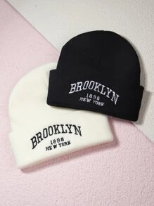 Street 2pcs Daily Letter Embroidered Beanie Winter Fall - Black and White - View 11
